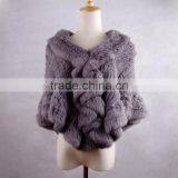 YR433 Women Stretch Real Rabbit Fur Cape Thick Knit Top Quality Fur Shawl thumbnail-3