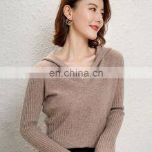 Women Cashmere Wool Rib Knit V Neck Cashmere Hoodie Sweater thumbnail-5