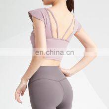 Wholesale Custom Logo Front Cross Ruffle Sleeve Yoga Tee Ladies Gym Sports Wear Yoga Crop Top Women High Quality Yoga T-Shirt thumbnail-4