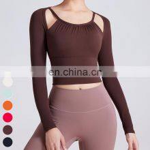 Quick Dry Hollow Out Slim Running Clothing Fixed Cup Sports Bra Tops Gym Fitness Long Sleeve Crop Top Yoga Tshirt For Women thumbnail-1