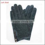 Fashion Ladies Back Dark Green Fabric and Palm Sheep Suede Gloves With Side Zipper thumbnail-2