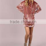 MGOO Oversized Women Longline Pollover With Side Pockets Shiny Drawstring Velvet Hoodie Dress Pink thumbnail-6