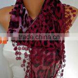 Burgundy Leopard Print Scarf Animal Scarf Shawl Cowl Scarf Necklace Cotton Scarf Gift Ideas For Her Women Fashion Accessories - thumbnail-3
