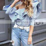 2017 New Arrival Fashion Design Women Stripe off the Shoulder High Low Long Sleeve Blouse thumbnail-2