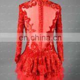 Real Sample F778 Sheer Long Sleeve Puffy Short Red One Piece Girls Party Dresses thumbnail-3