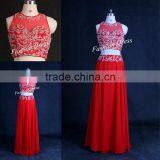 Hot Sale New Real Photo Beaded Crystal Two Piece Long Red Chiffon Evening Dress 2015