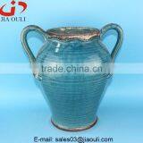 Antique Style Large Chinese Blue Ceramic Tall Floor Vase With Handle thumbnail-2