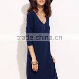 Navy Drop Shoulder Long Sleeve Side Slit Dress Polyester Spandex Casual Plain V Neck Short Dress thumbnail-2