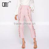Frilled Women's Tailored Fitted Pants High Waist Pink Cropped Trousers thumbnail-1
