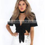 Latest Design Sexy Deep V Neck Crop Tops Short Sleeve Blouse 2017 thumbnail-3