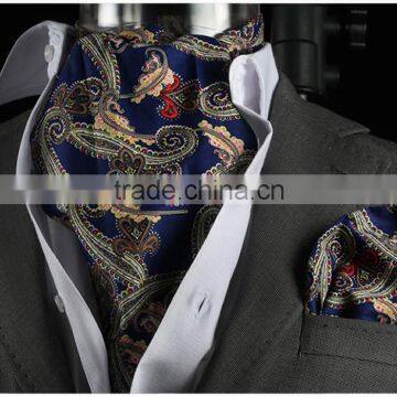 Yellow Dark Blue Pairsley Cravat, Brown scarf, with Pocket Square