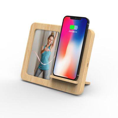 Multifunctional Use wooden 3-in-1 Bamboo Desktop phone Wireless Charger 10W Fast Charging station Phone Holder with Photo Frame