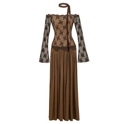 Pure Desire Style Off-shoulder Lace Patched Faux Two-piece Long Sleeve Dress, New Autumn Waist-cinching Slim and Elegant Long Dress photo-3