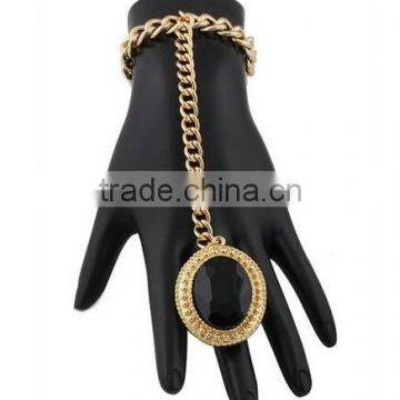 2 Pieces of Goldtone with Black Oval Stone Stretch Ring Adjustable Cuban Link Hand Chain