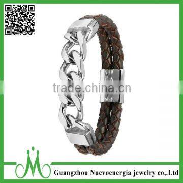 Men's Brown Fine Leather Braided Wrist 316L Stainless Steel Magnetic Bracelets