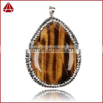 Tiger Eye Gemstone Pendant, Pearl Jewelry & Drop Shape Tiger's Eye & Zircon Pendant Bead Silver Plated Clasp photo-2