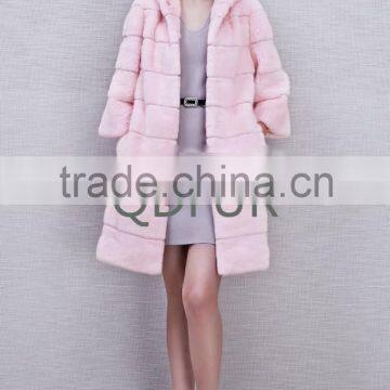 QD80700 Copenhagen Mink Fur Ladies Long Coats Pink Color Hooded Style