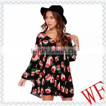 Wholesale 2014 women clothing Casual Rose long sleeves loose chiffon dress