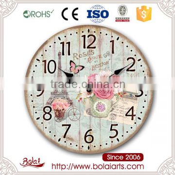 Bedroom wall hanging flower decoration shabby can printed art wall clock for coffee shop