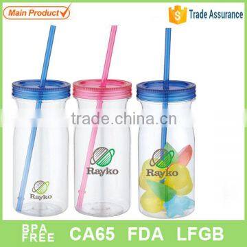 colorful plastic water dring bottle with lid and straw