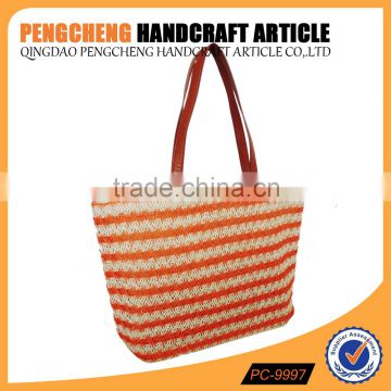 Beautiful orange color stripe paper straw material beach crochet bag women fashion handbag