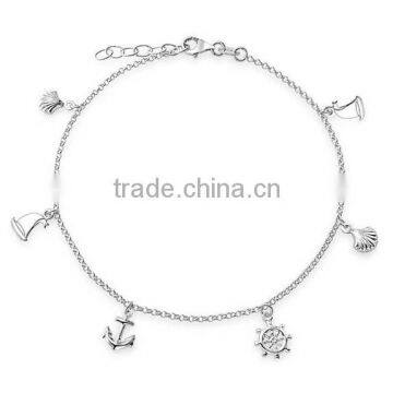 Popular Silver Plated Nautical Seashell Sailboat Anchor And Ship Wheel Charms Anklets