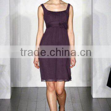 2012 sleeveless square neck handmade pleated dark purple chiffon knee length bridesmaid dress