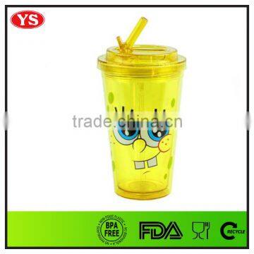 16 Ounce Yellow plastic double wall tumbler with push down straw for beverage