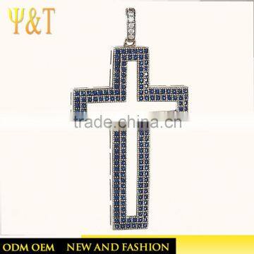 Custom blue color zircon iced out hip hop jewelry gold plated religious cross pendants necklaces