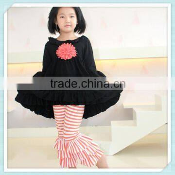 Wholesale Children's Boutique Clothing Kids Black Cotton Long Sleeve Flower Dress with Stripe Ruffle Pants Outfit Set Girl Cloth