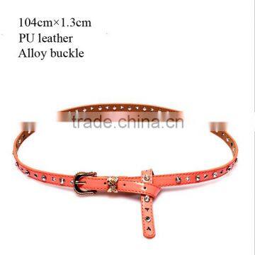 Fashion Rhinestone Inlaid Rivets Decorated Pin Buckle Sex Girl Thin Pink PU Waist Belt photo-2