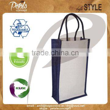 Two Bottle Bag for Water Bottle - Soft Cotton Ropw Handle - Made From pp Laminated Jute photo-2