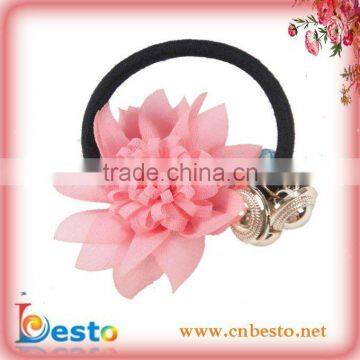 SF0376 Handmade pretty pink elastic hair ties with fabric flower for kids