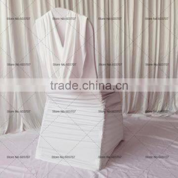 Newly Design High Quality Lycra Spandex Ruched Ruffled Chair Cover with Vanlance at Back for Wedding Party Decor