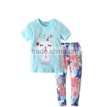 High quality children's clothes 100% cotton short sleeve printed cat 2pcs set