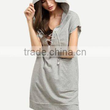 high quality fashion lady longline short sleeve hoody with string