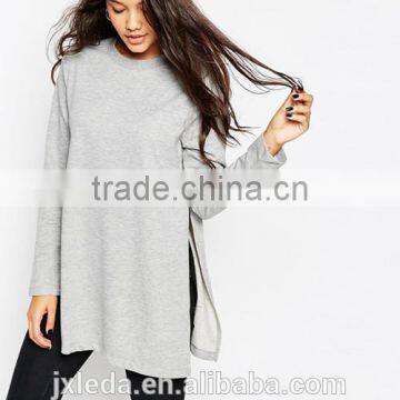 Latest women longline side splits crewneck plain sweatshirt wholesale