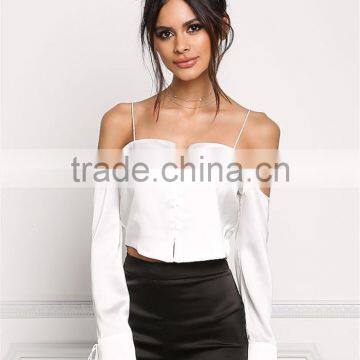 MGOO Manufacturer Custom Soft Satin Blouses Young Girl Sexy Crop Tops Off White Cold Shoulder Shirts photo-2