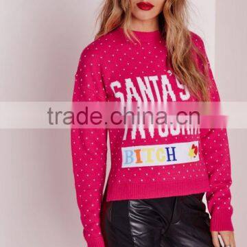 MGOO Custom Design Ladies Christmas Sweater Knitwear Women Diy Crop Jumper With Split Side Pink photo-5