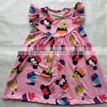 2017 Wholesale baby pearl dress baby cartoon pattern flutter sleeve dress baby boutique clothing