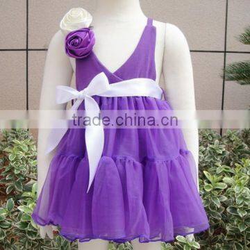 Hot sale purple color with white bows and purple white flower babies dress