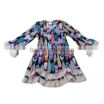 baby boutique wholesale colorful feather print cotton lace frocks baby girl dress