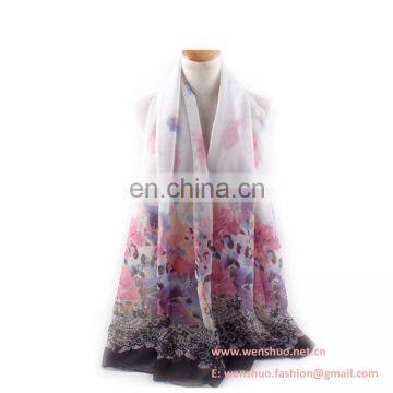 Colorful Lace Flower Printed 100% Cotton Women's Voile Scarf