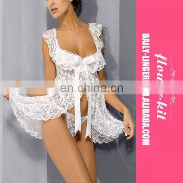 White Sexy Lingerie Sleepwear Bow Tie Front Mini Dress Babydoll