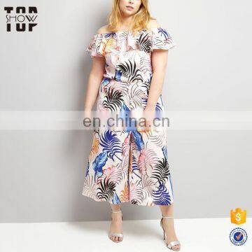 China factory white tropical print one piece jumpsuit plus size women clothing