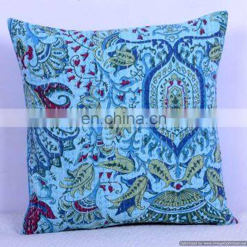 Turquoise Paisley Kantha Cushion Cover Kantha Throw Pillow Cover Hande Quilted Decorative Cushion Cover Ethnic Textile Art