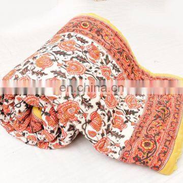 Indian 2017 Floral Design Hand Block Printed Quilt Jaipuri Razai Queen Blanket Bedspread Orange Color