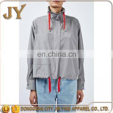 Light Gray Polyester Jacket Zipper Closed Fly Women Outer Wear with Elastic Lace-up String for Collar and Bottom in High Quality