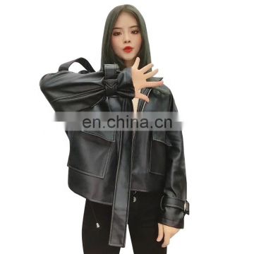 TWOTWINSTYLE Women's Jacket PU Leather Long Sleeve Thick Short Females Coat 2020