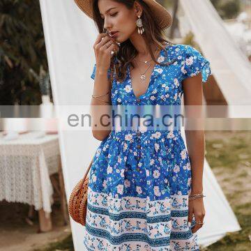 Hot Sale Women Deep V-Neck Casual Dresses Lady Holiday Print Short Sleeve Floral Summer Dress photo-5
